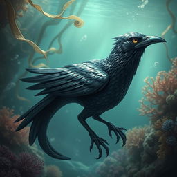 A captivating and imaginative hybrid creature that combines the features of a crow and an eel