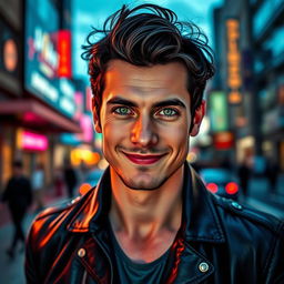 A stylized portrait of a man named Andrei, with striking green eyes and tousled dark hair, smiling confidently