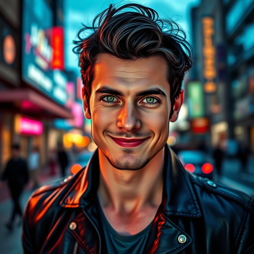 A stylized portrait of a man named Andrei, with striking green eyes and tousled dark hair, smiling confidently