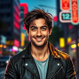 A stylized portrait of a man named Andrei, with striking green eyes and tousled dark hair, smiling confidently