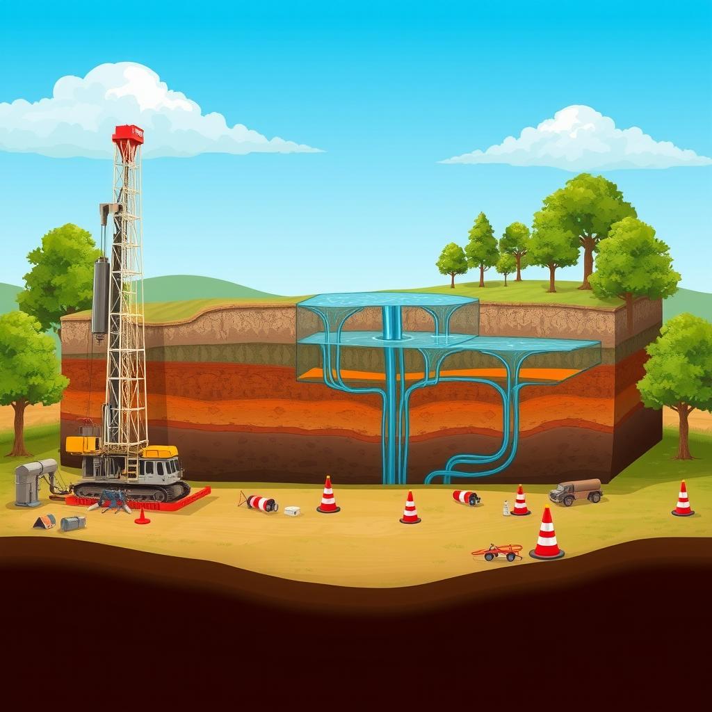 A detailed illustration of the hydraulic fracturing process in a natural landscape
