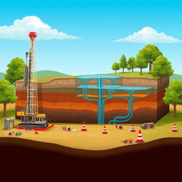 A detailed illustration of the hydraulic fracturing process in a natural landscape