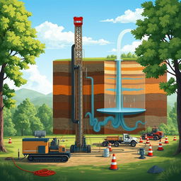 A detailed illustration of the hydraulic fracturing process in a natural landscape