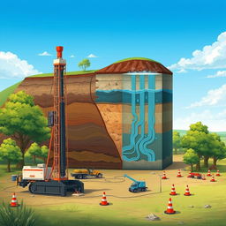 A detailed illustration of the hydraulic fracturing process in a natural landscape