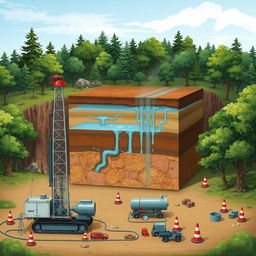 A detailed illustration of the hydraulic fracturing process in a natural landscape
