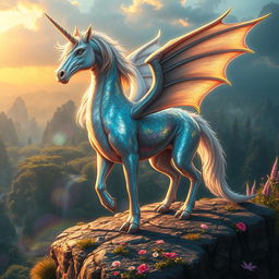 A mystical creature that is a hybrid of a unicorn and a dragon, featuring a shimmering, iridescent scale pattern blending with soft, flowing mane and tail resembling that of a unicorn