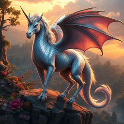 A mystical creature that is a hybrid of a unicorn and a dragon, featuring a shimmering, iridescent scale pattern blending with soft, flowing mane and tail resembling that of a unicorn
