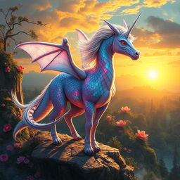 A mystical creature that is a hybrid of a unicorn and a dragon, featuring a shimmering, iridescent scale pattern blending with soft, flowing mane and tail resembling that of a unicorn