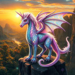 A mystical creature that is a hybrid of a unicorn and a dragon, featuring a shimmering, iridescent scale pattern blending with soft, flowing mane and tail resembling that of a unicorn