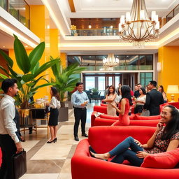 A vibrant and welcoming scene in a luxurious hotel lobby, featuring friendly staff greeting guests with warm smiles