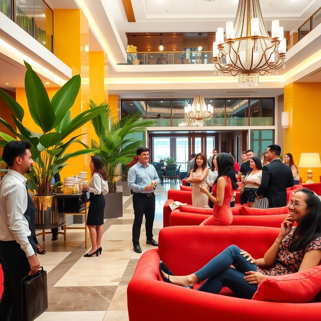 A vibrant and welcoming scene in a luxurious hotel lobby, featuring friendly staff greeting guests with warm smiles