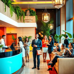 A vibrant and welcoming scene in a luxurious hotel lobby, featuring friendly staff greeting guests with warm smiles