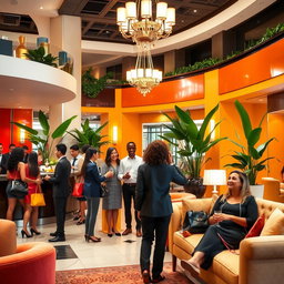 A vibrant and welcoming scene in a luxurious hotel lobby, featuring friendly staff greeting guests with warm smiles
