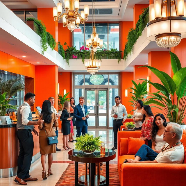 A vibrant and welcoming scene in a luxurious hotel lobby, featuring friendly staff greeting guests with warm smiles