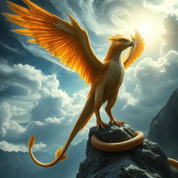 A majestic creature that is a hybrid of an eagle, a dragon, and a falcon, featuring powerful eagle-like wings with golden feathers and scaled dragon skin