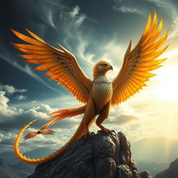 A majestic creature that is a hybrid of an eagle, a dragon, and a falcon, featuring powerful eagle-like wings with golden feathers and scaled dragon skin