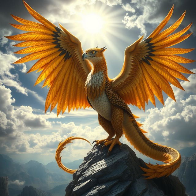 A majestic creature that is a hybrid of an eagle, a dragon, and a falcon, featuring powerful eagle-like wings with golden feathers and scaled dragon skin