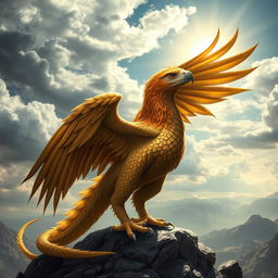A majestic creature that is a hybrid of an eagle, a dragon, and a falcon, featuring powerful eagle-like wings with golden feathers and scaled dragon skin