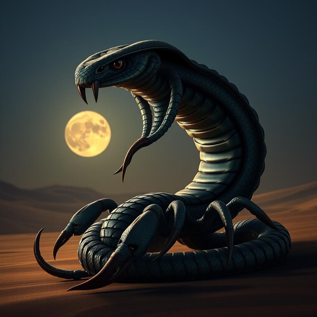 A fearsome hybrid creature that combines the features of a scorpion and a cobra