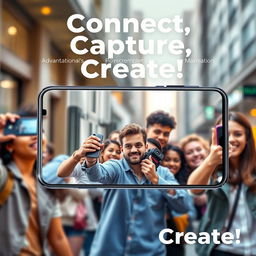 A striking advertisement for a new smartphone featuring a sleek design with a vibrant display, highlighting its advanced camera capabilities, fast processing speed, and innovative features