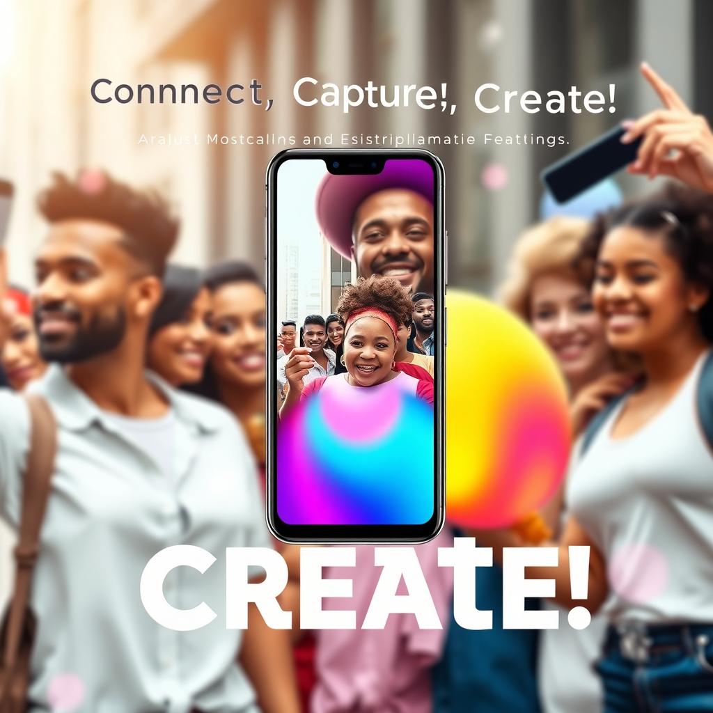 A striking advertisement for a new smartphone featuring a sleek design with a vibrant display, highlighting its advanced camera capabilities, fast processing speed, and innovative features
