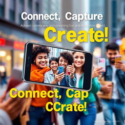 A striking advertisement for a new smartphone featuring a sleek design with a vibrant display, highlighting its advanced camera capabilities, fast processing speed, and innovative features