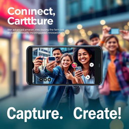 A striking advertisement for a new smartphone featuring a sleek design with a vibrant display, highlighting its advanced camera capabilities, fast processing speed, and innovative features