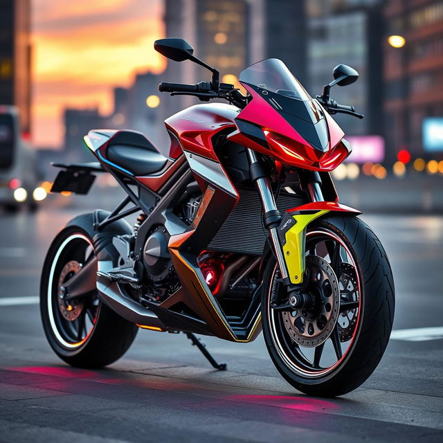 A sleek, futuristic motorcycle design featuring an aerodynamic body and vibrant colors, showcasing a powerful engine and advanced technology