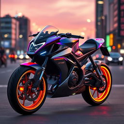 A sleek, futuristic motorcycle design featuring an aerodynamic body and vibrant colors, showcasing a powerful engine and advanced technology