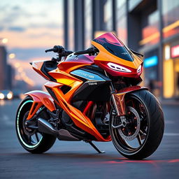 A sleek, futuristic motorcycle design featuring an aerodynamic body and vibrant colors, showcasing a powerful engine and advanced technology