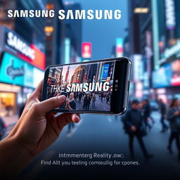 A captivating advertisement for Samsung showcasing a sleek, futuristic smartphone with a large vibrant display