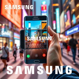 A captivating advertisement for Samsung showcasing a sleek, futuristic smartphone with a large vibrant display