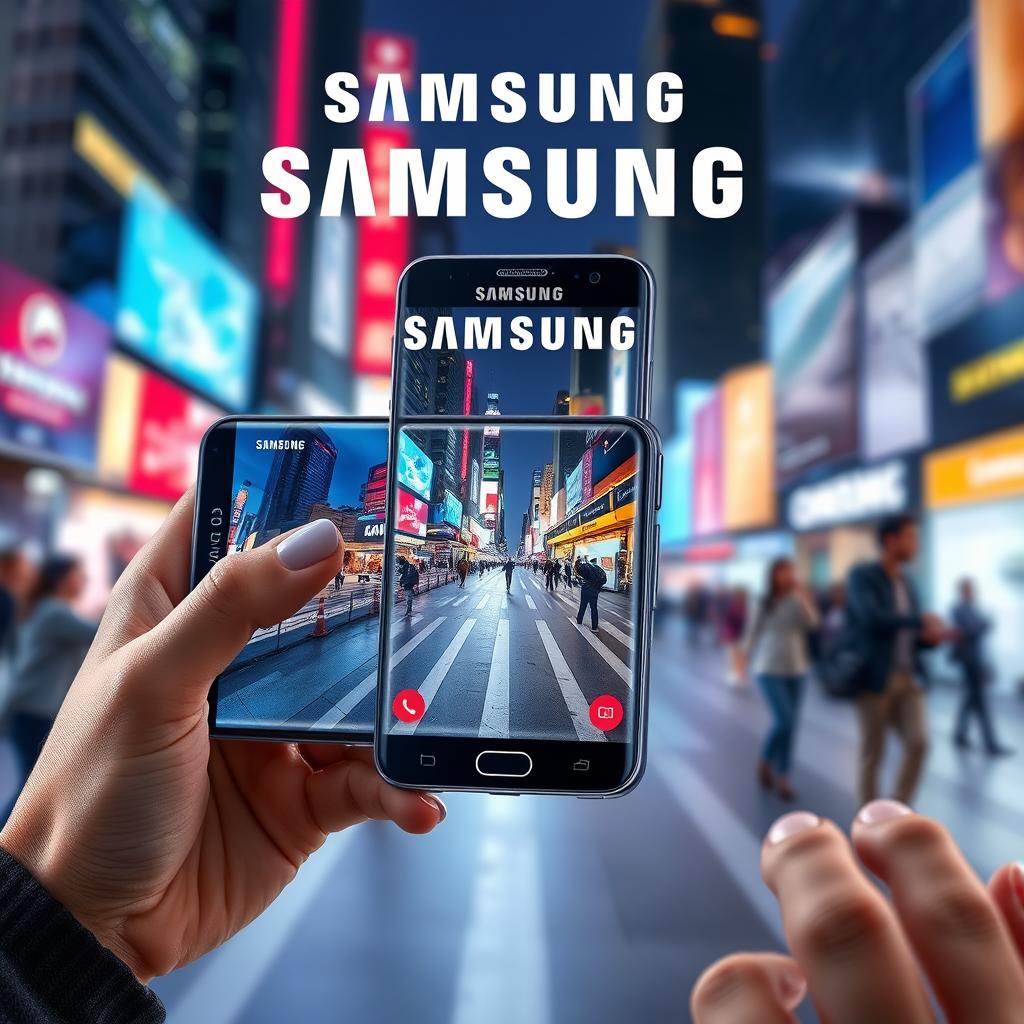A captivating advertisement for Samsung showcasing a sleek, futuristic smartphone with a large vibrant display