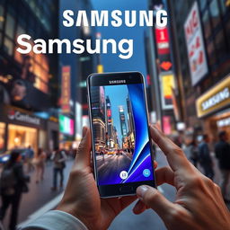 A captivating advertisement for Samsung showcasing a sleek, futuristic smartphone with a large vibrant display