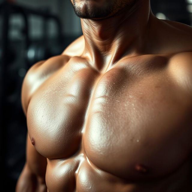 A close-up view of a muscular torso featuring well-defined six-pack abs, glistening with a hint of sweat to highlight the muscle definition