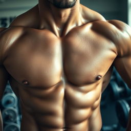 A close-up view of a muscular torso featuring well-defined six-pack abs, glistening with a hint of sweat to highlight the muscle definition