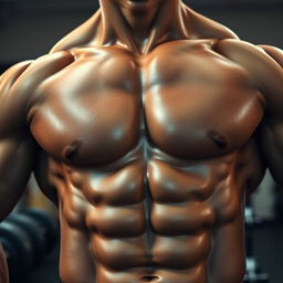 A close-up view of a muscular torso featuring well-defined six-pack abs, glistening with a hint of sweat to highlight the muscle definition