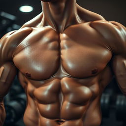 A close-up view of a muscular torso featuring well-defined six-pack abs, glistening with a hint of sweat to highlight the muscle definition