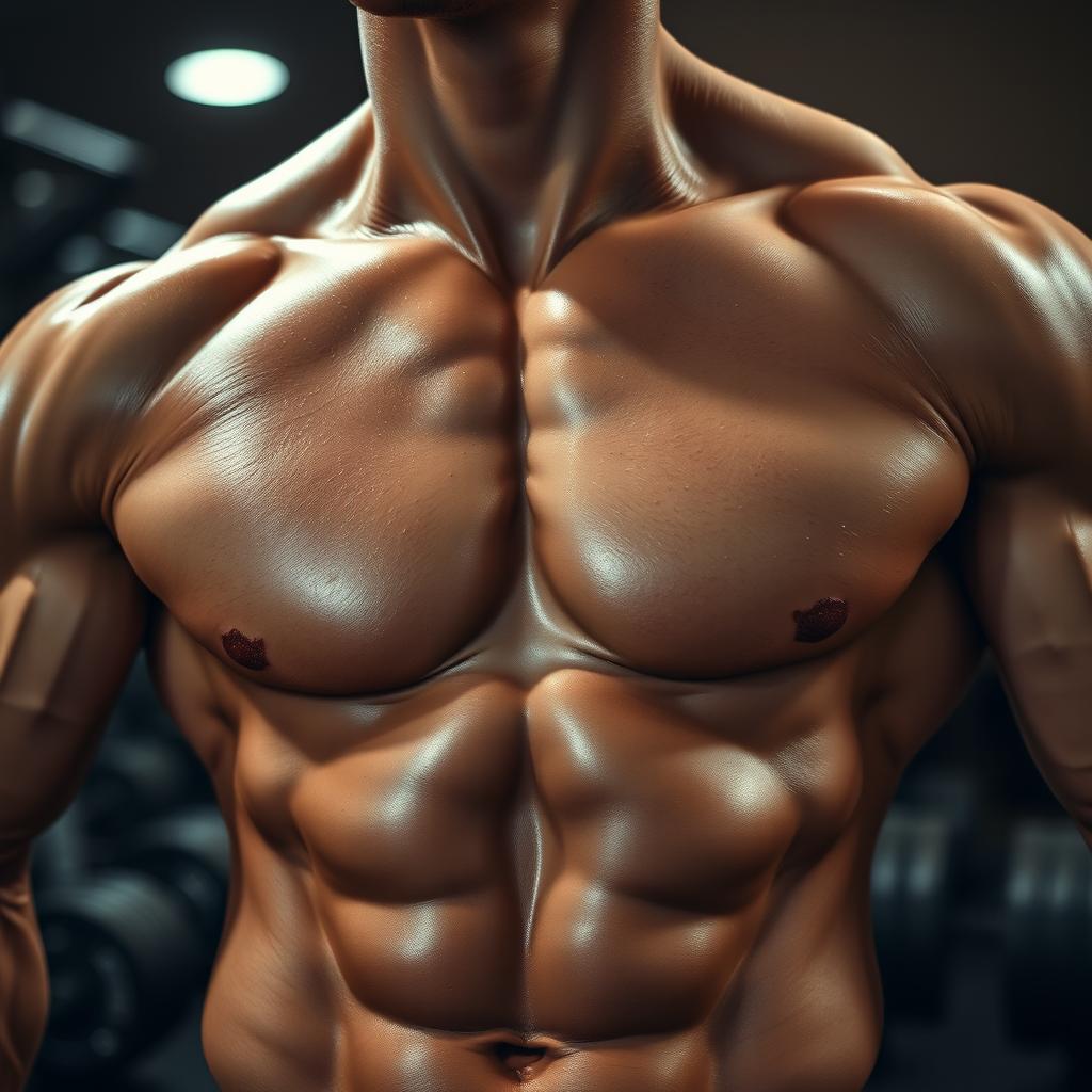 A close-up view of a muscular torso featuring well-defined six-pack abs, glistening with a hint of sweat to highlight the muscle definition