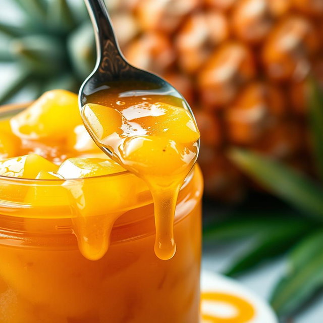 A close-up shot of a vibrant, dripping pineapple marmalade, glistening under soft, warm light