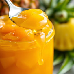 A close-up shot of a vibrant, dripping pineapple marmalade, glistening under soft, warm light