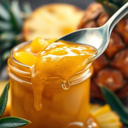 A close-up shot of a vibrant, dripping pineapple marmalade, glistening under soft, warm light