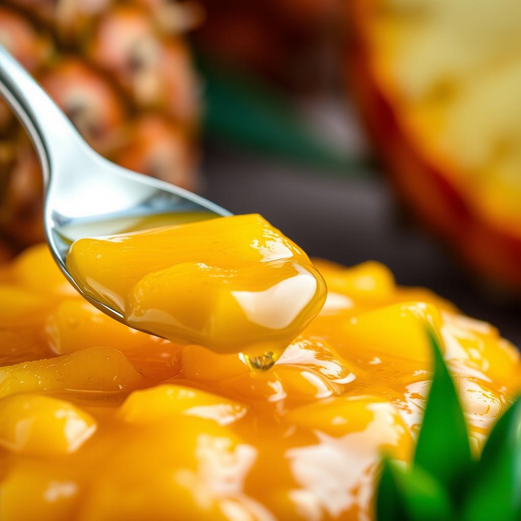 A close-up shot of a vibrant, dripping pineapple marmalade, glistening under soft, warm light