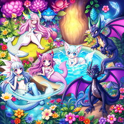 A vibrant scene featuring an array of fantasy monster girls, each with distinct characteristics and striking appearance