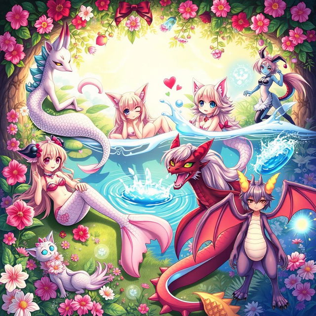 A vibrant scene featuring an array of fantasy monster girls, each with distinct characteristics and striking appearance