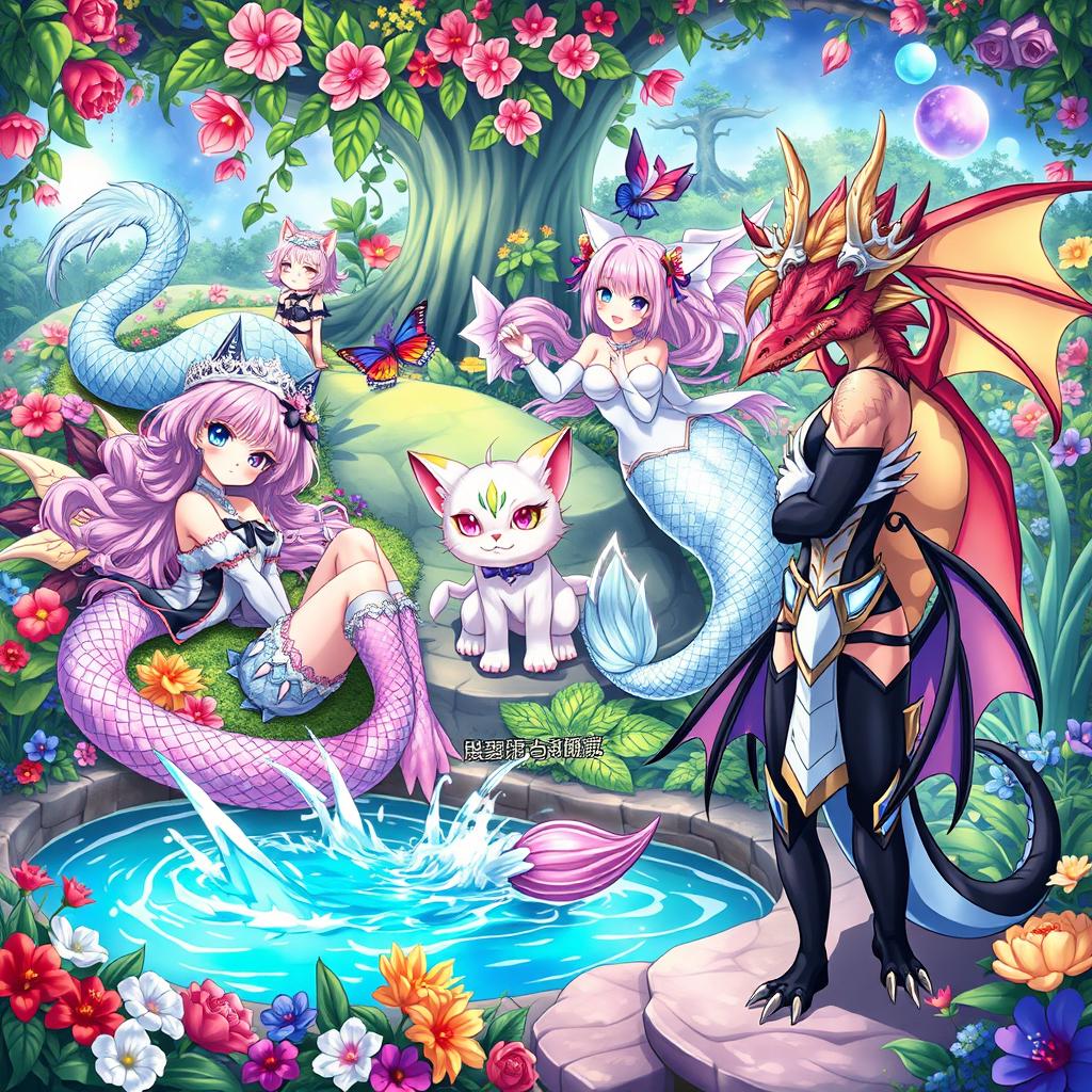 A vibrant scene featuring an array of fantasy monster girls, each with distinct characteristics and striking appearance