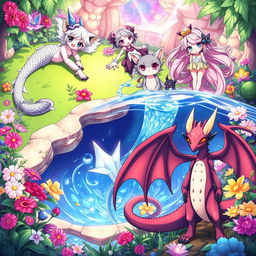 A vibrant scene featuring an array of fantasy monster girls, each with distinct characteristics and striking appearance