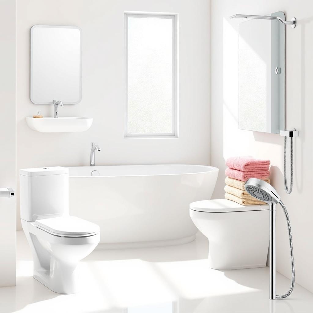 A beautifully arranged bathroom scene featuring six different bathroom items: a sleek modern bathroom sink, a luxurious soaking tub, an elegant wall-mounted mirror, a stylish toilet, an array of colorful towels neatly stacked, and a unique showerhead with multiple settings