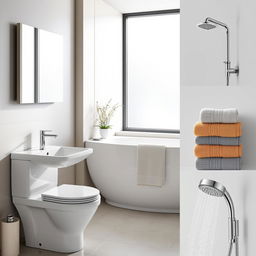 A beautifully arranged bathroom scene featuring six different bathroom items: a sleek modern bathroom sink, a luxurious soaking tub, an elegant wall-mounted mirror, a stylish toilet, an array of colorful towels neatly stacked, and a unique showerhead with multiple settings