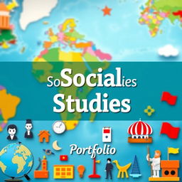 A visually appealing and organized social studies portfolio cover design that reflects themes of history, geography, and culture